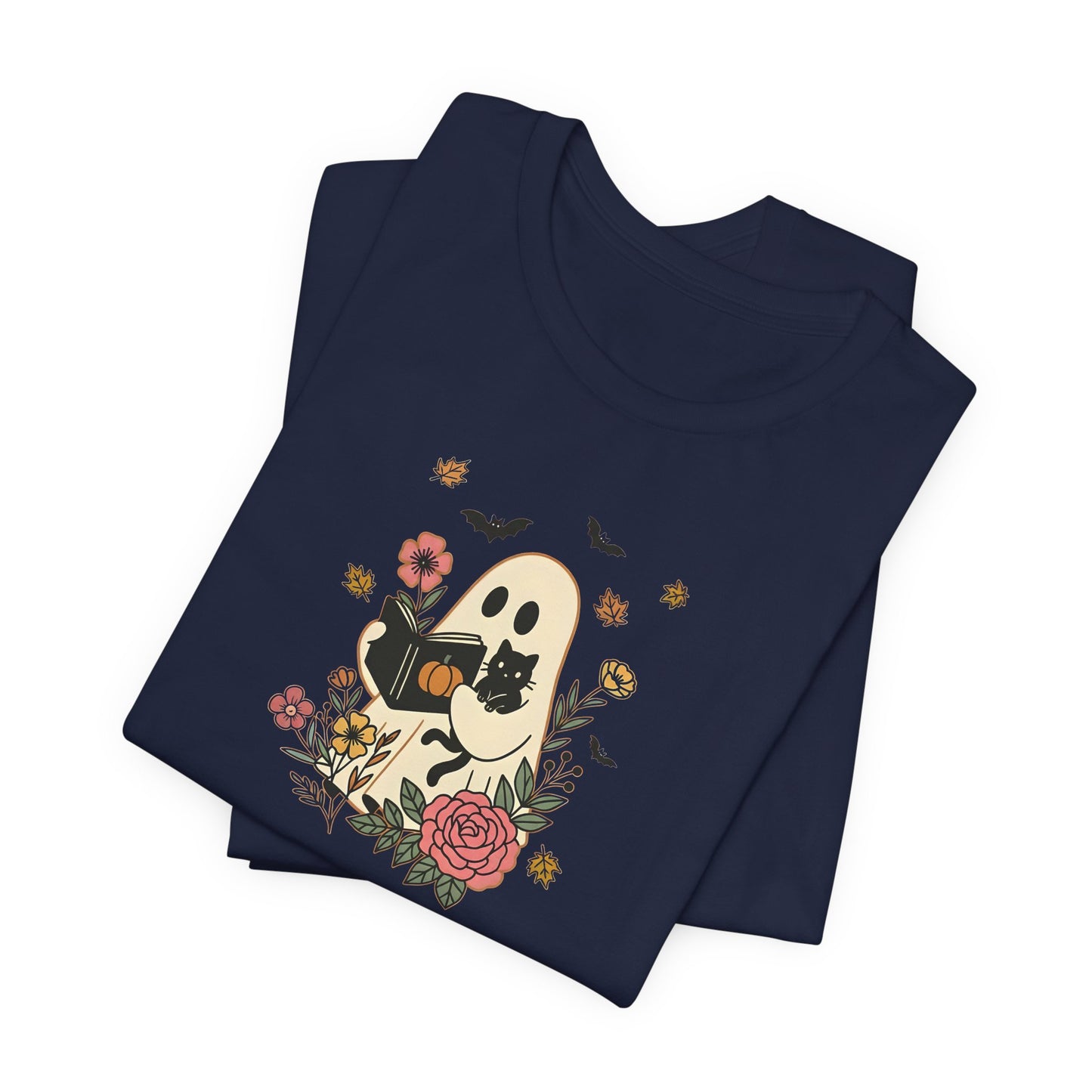 Cozy Ghost & Cat Reading Adult Tee – Cute Fall Halloween Unisex Shirt