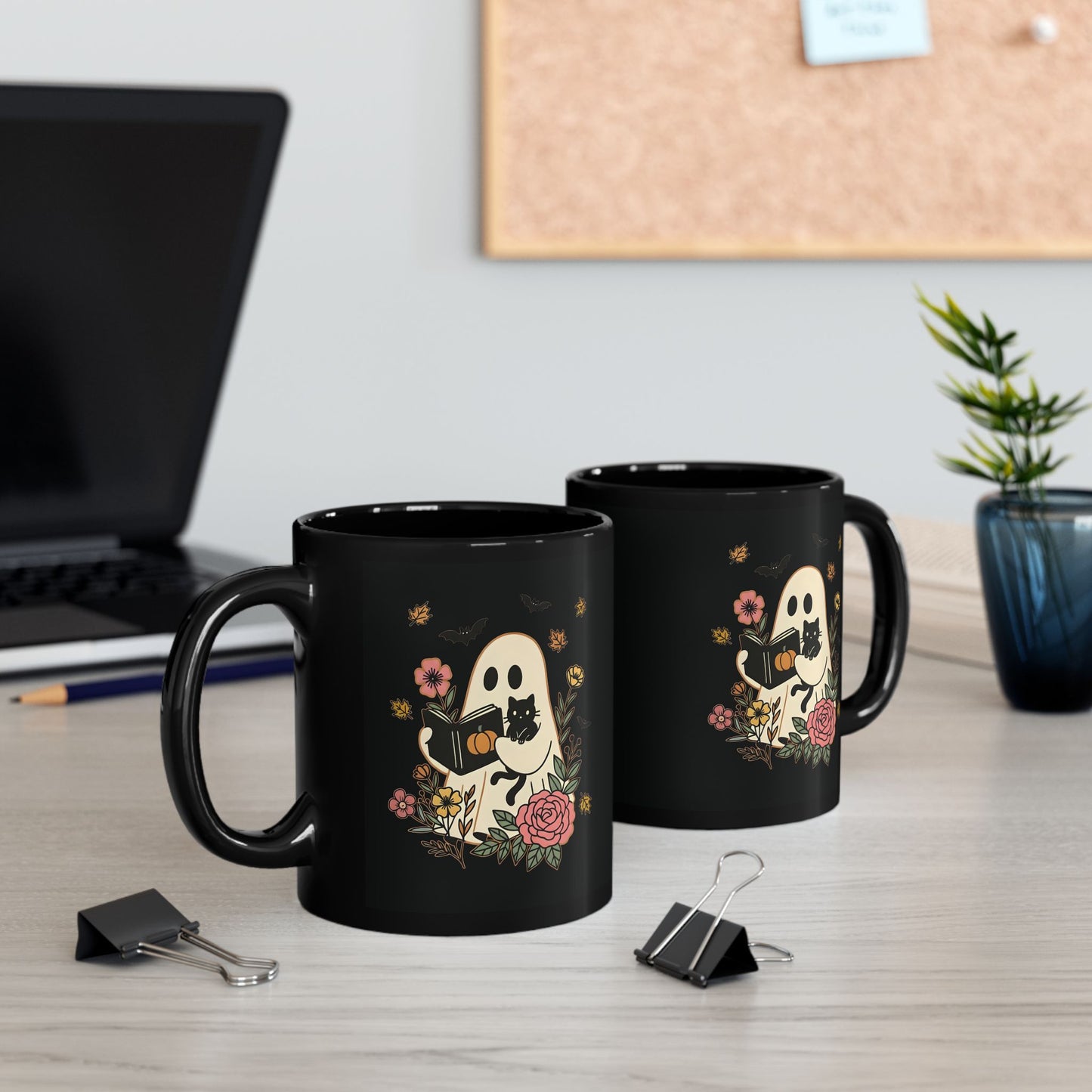 Charming Floral Ghost Mug | Whimsical Gift for Spooky Season, Cat Lovers, Halloween Decor, Coffee Cup, 11oz 15oz