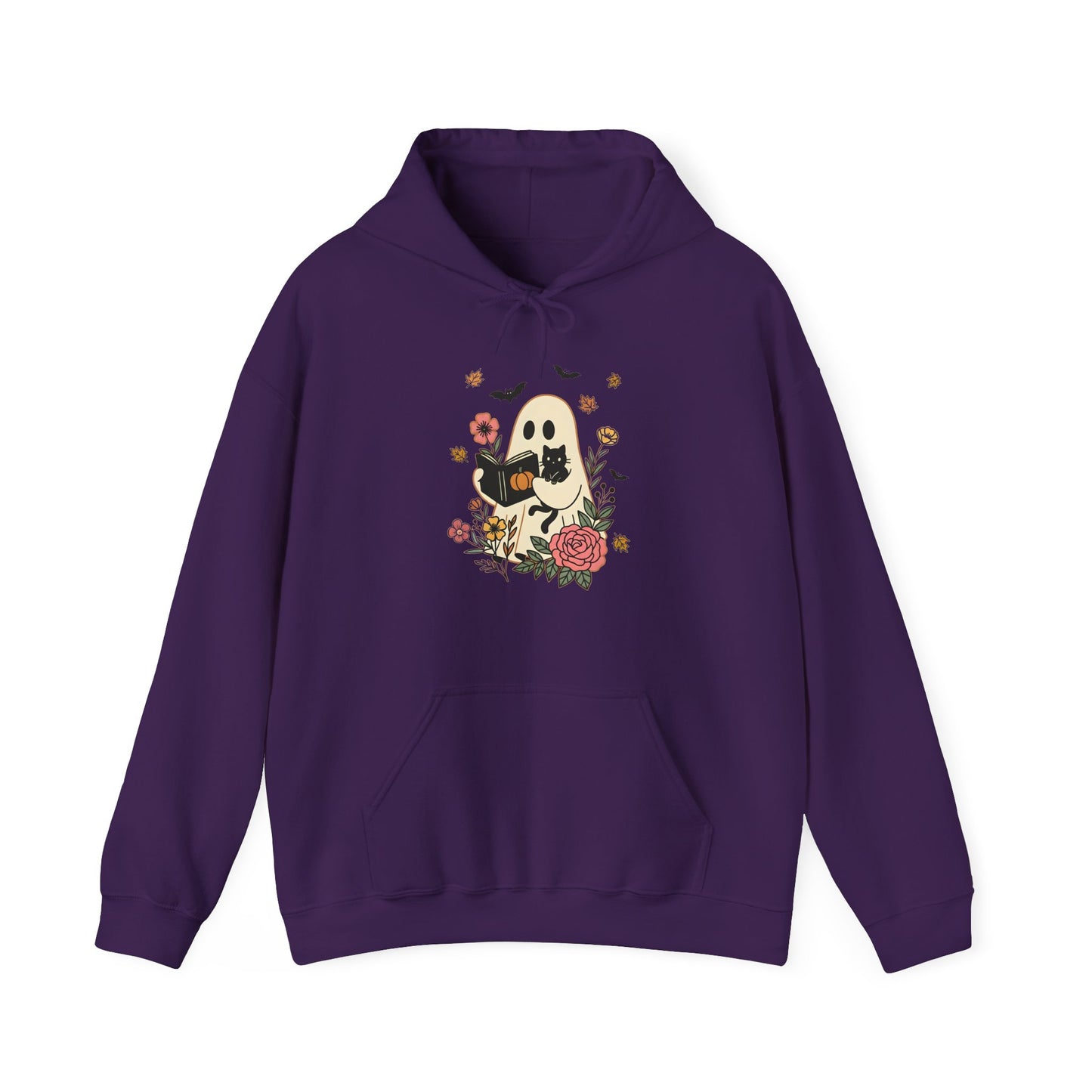 Cute Ghost & Cat Hoodie with Floral Design | Cozy Fall Halloween Adult Teen Sweatshirt for Pet Lovers