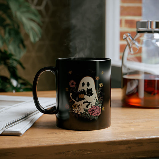 Charming Floral Ghost Mug | Whimsical Gift for Spooky Season, Cat Lovers, Halloween Decor, Coffee Cup, 11oz 15oz