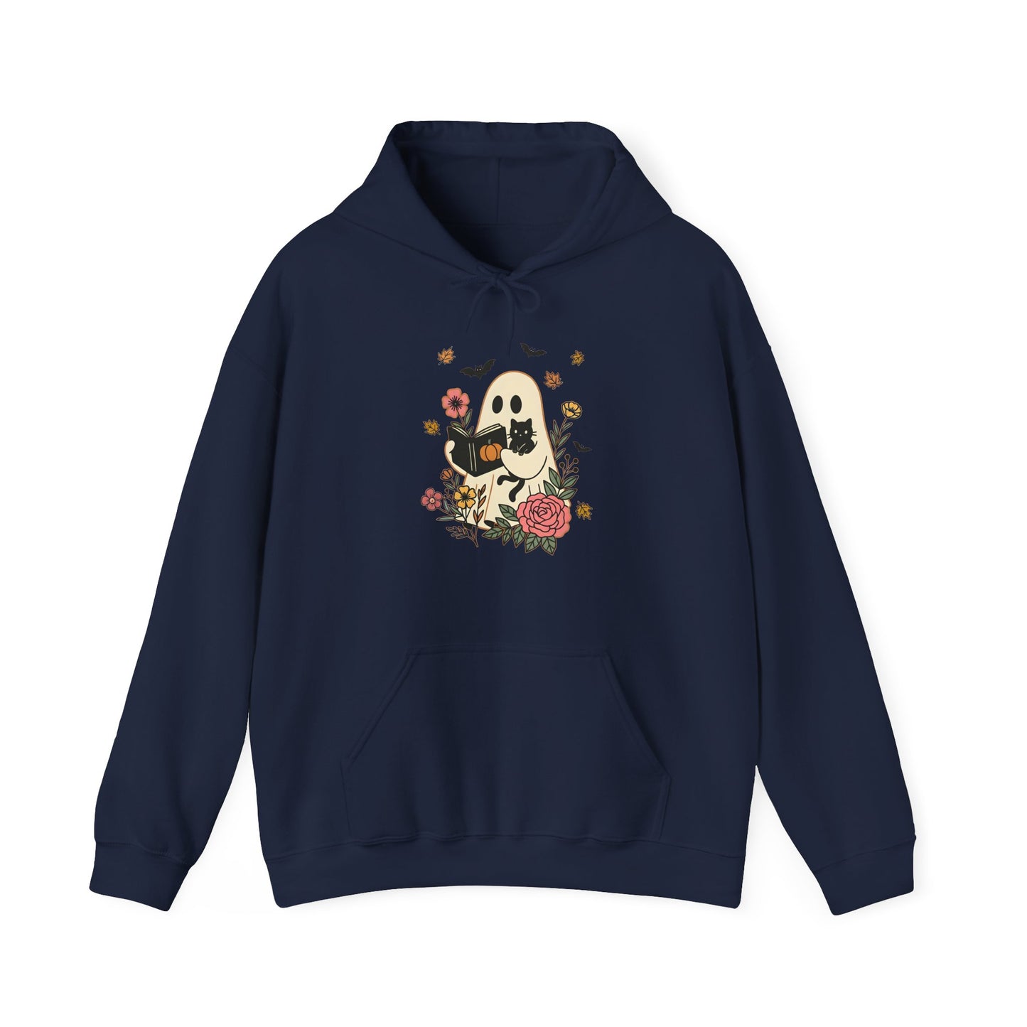 Cute Ghost & Cat Hoodie with Floral Design | Cozy Fall Halloween Adult Teen Sweatshirt for Pet Lovers