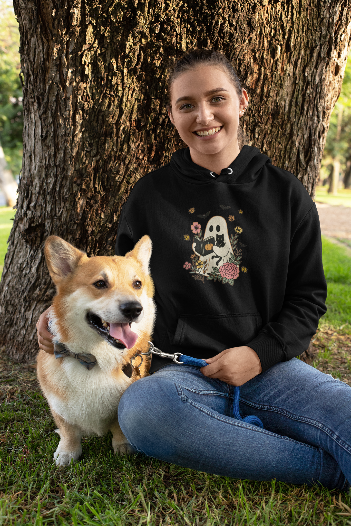Cute Ghost & Cat Hoodie with Floral Design | Cozy Fall Halloween Adult Teen Sweatshirt for Pet Lovers