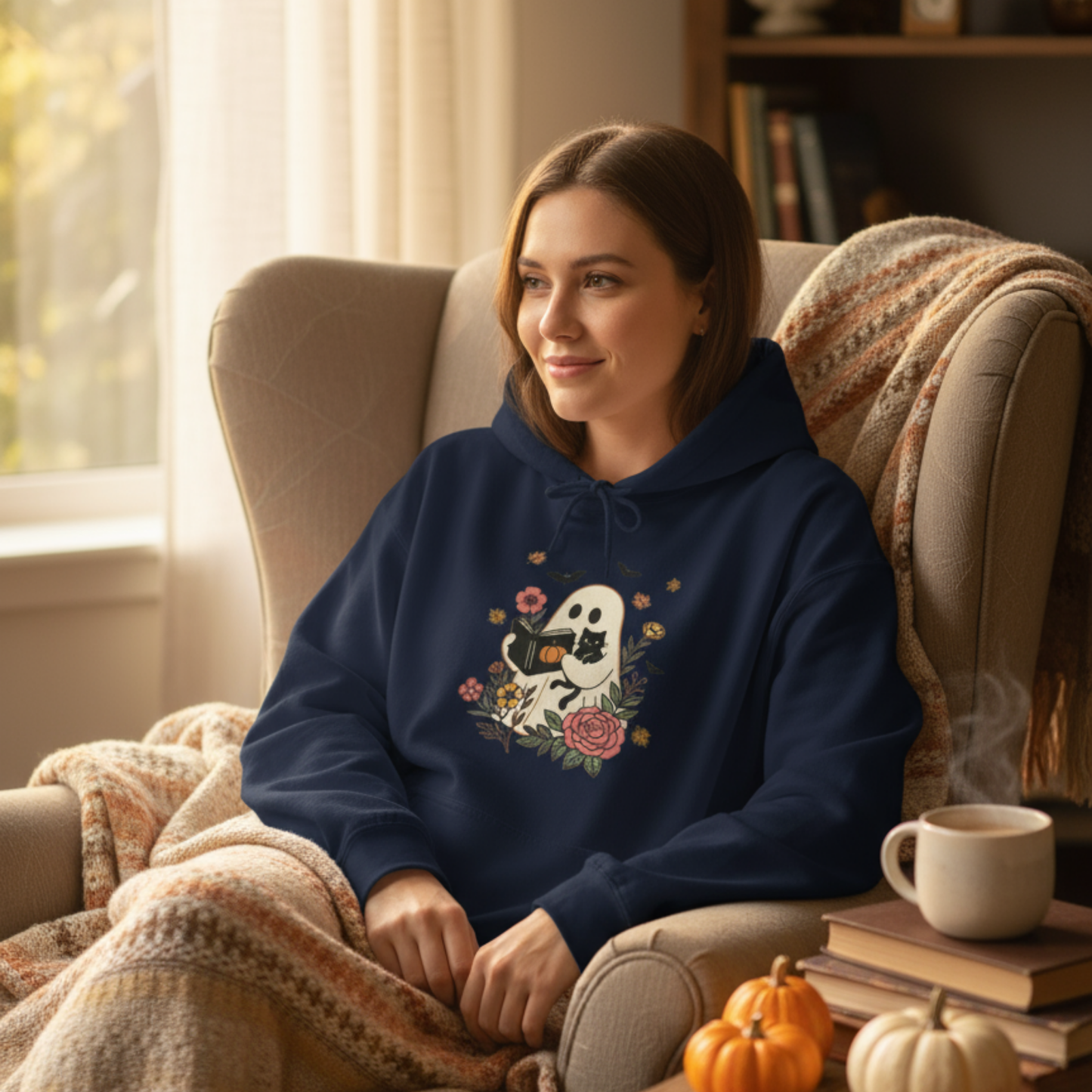 Cute Ghost & Cat Hoodie with Floral Design | Cozy Fall Halloween Adult Teen Sweatshirt for Pet Lovers