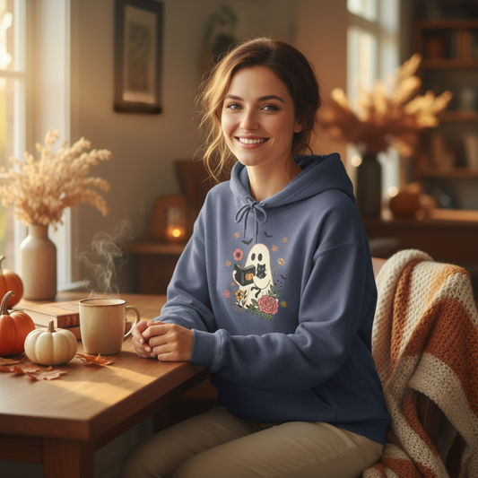 Cute Ghost & Cat Hoodie with Floral Design | Cozy Fall Halloween Adult Teen Sweatshirt for Pet Lovers