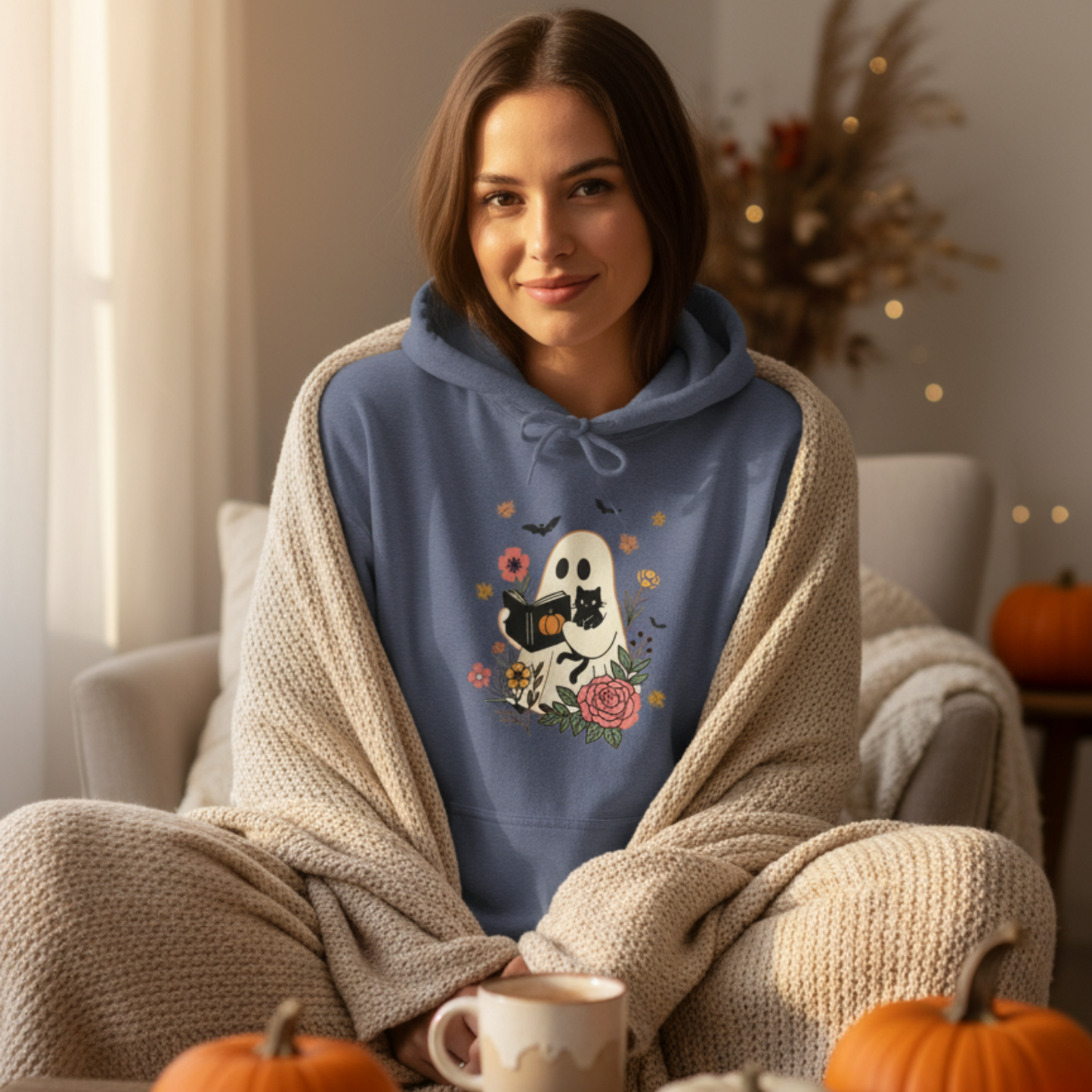 Cute Ghost & Cat Hoodie with Floral Design | Cozy Fall Halloween Adult Teen Sweatshirt for Pet Lovers