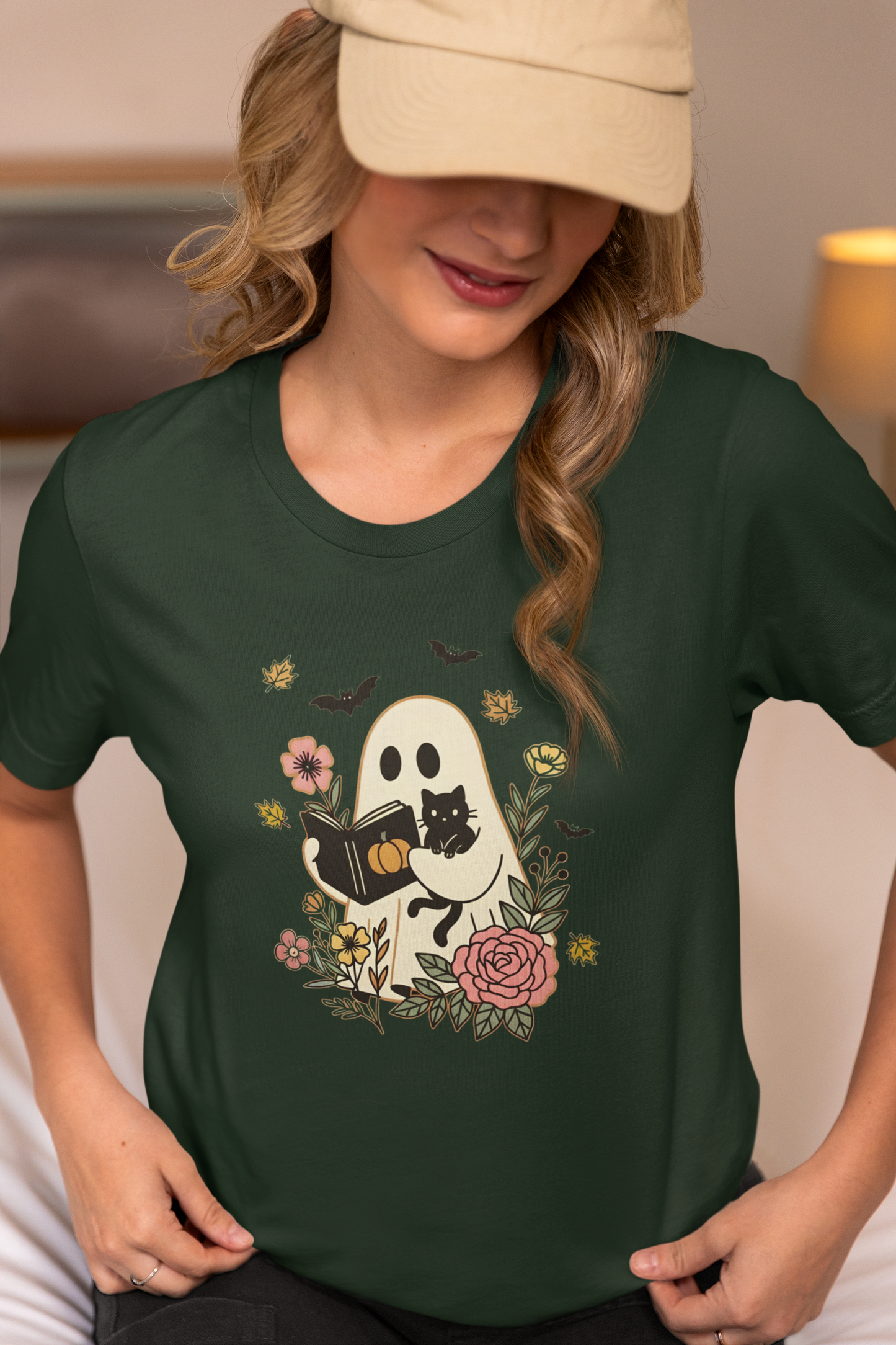 Cozy Ghost & Cat Reading Adult Tee – Cute Fall Halloween Unisex Shirt
