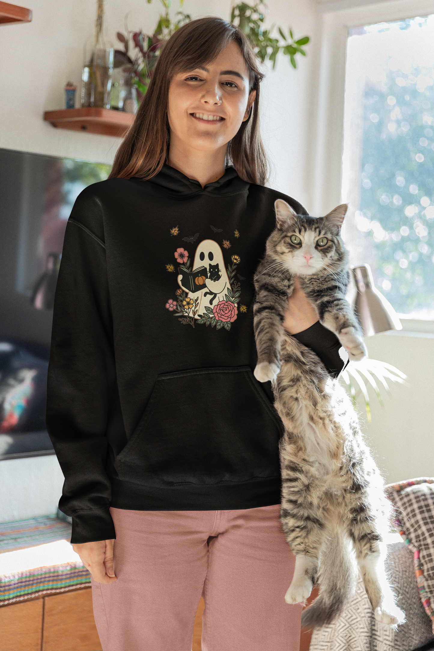 Cute Ghost & Cat Hoodie with Floral Design | Cozy Fall Halloween Adult Teen Sweatshirt for Pet Lovers