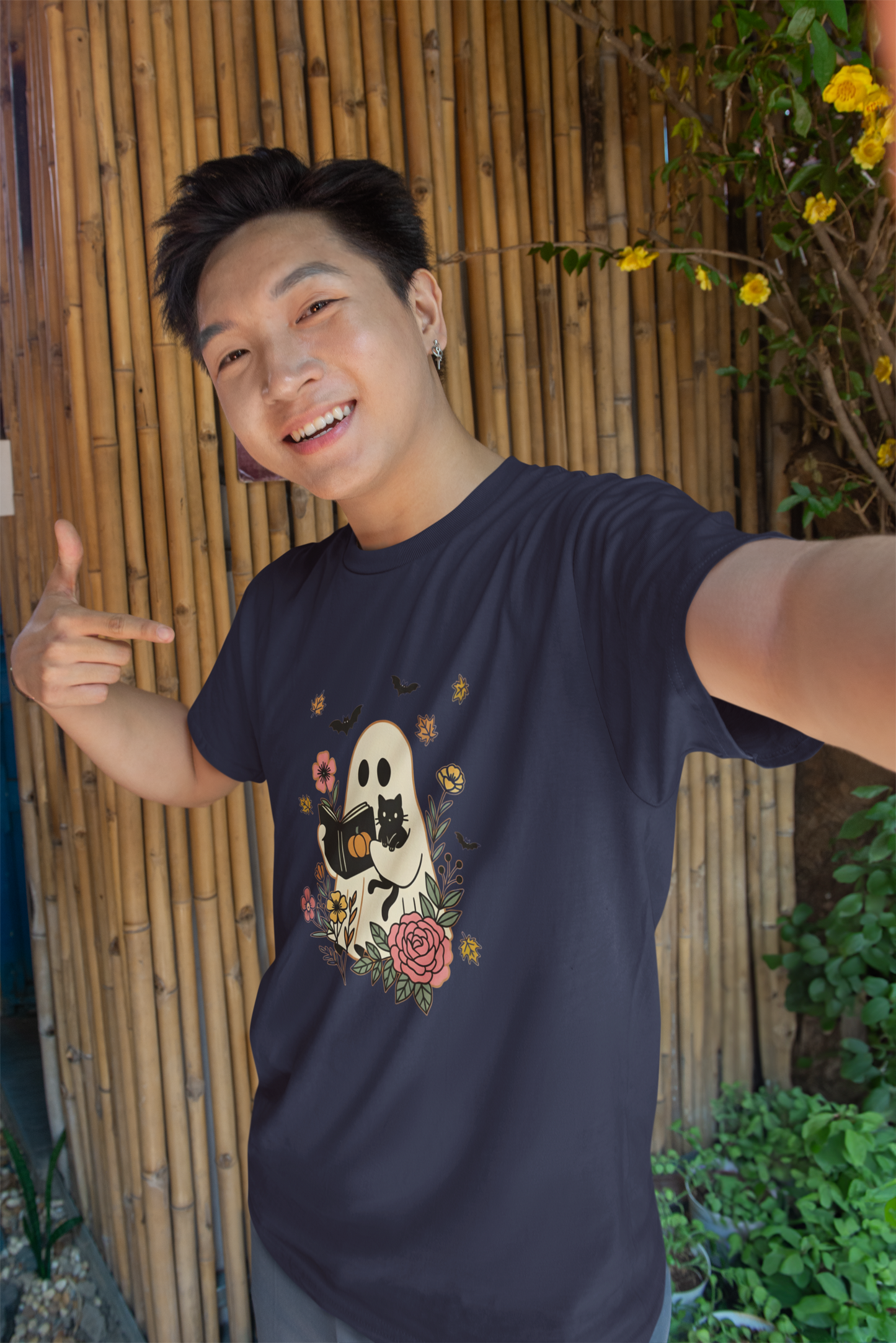Cozy Ghost & Cat Reading Adult Tee – Cute Fall Halloween Unisex Shirt