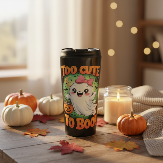 Black tumbler with Halloween design featuring a ghost and text 'Too Cute to Boo' on a table with pumpkins and candles.