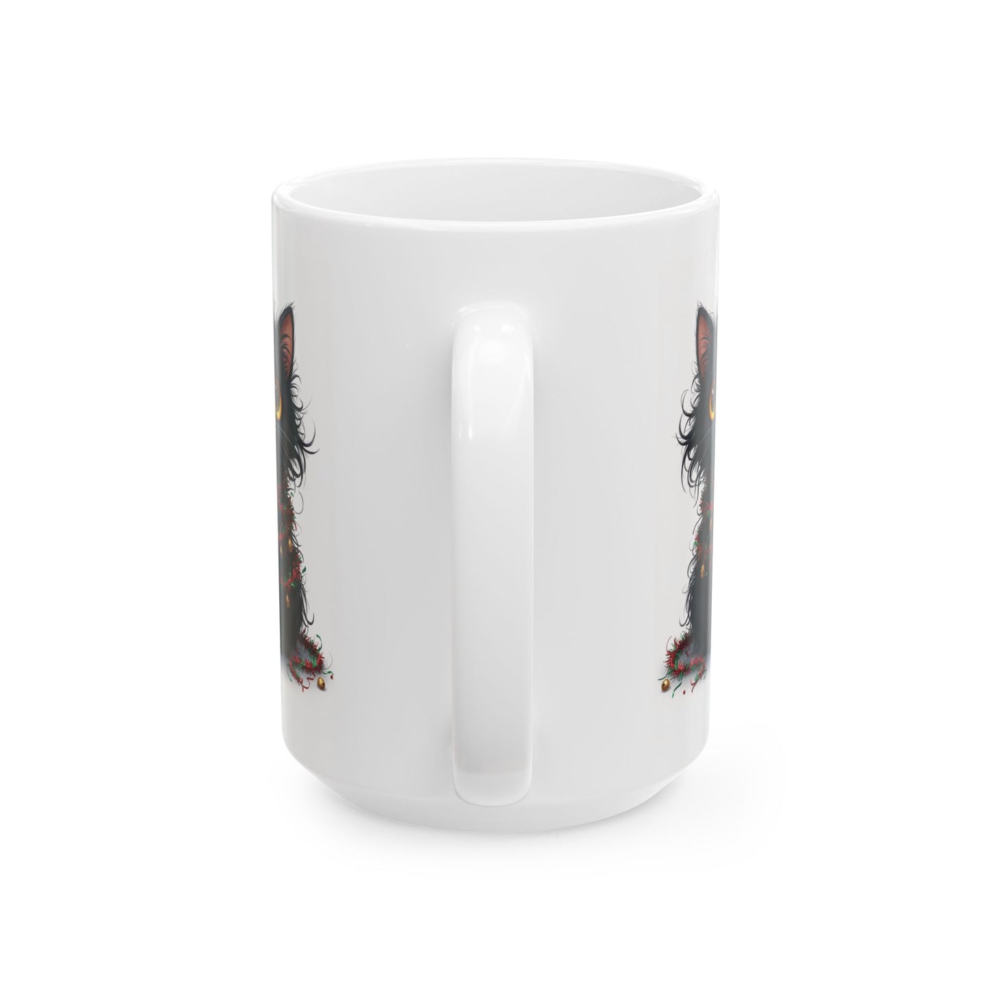 Christmas Cat Mug – Adorable Black Kitten Wrapped in Holiday Garland | Festive Coffee Mug for Cat Lovers