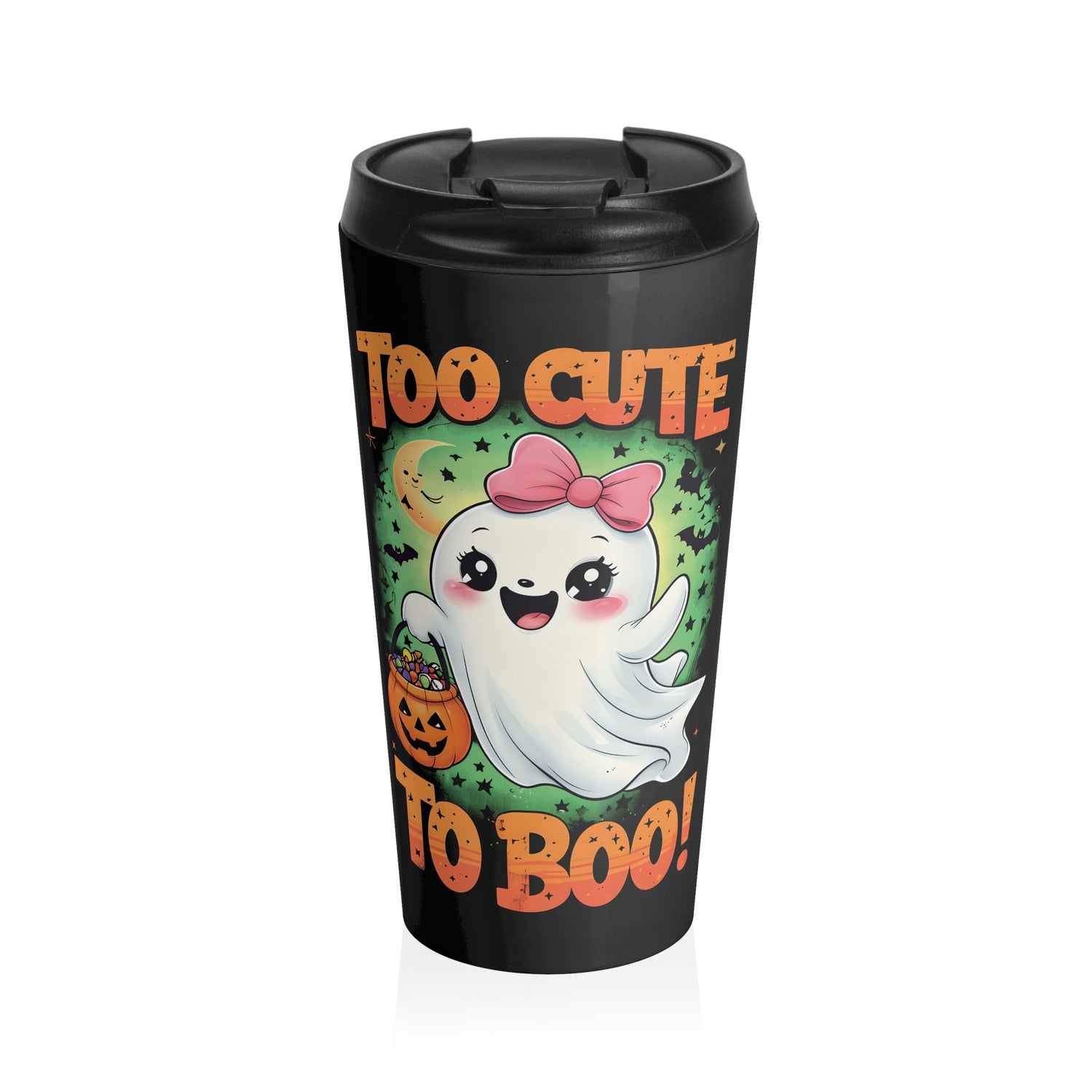 Black travel mug with a cute ghost design and Halloween text on a white background
