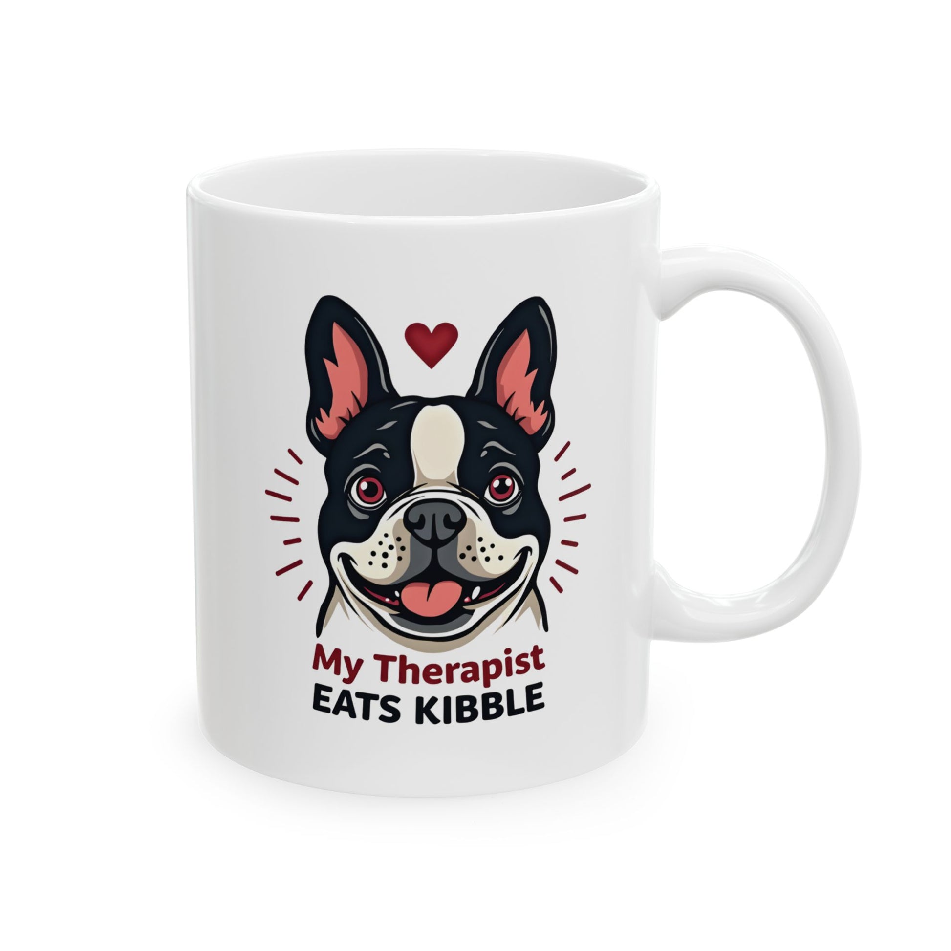 White mug with a dog illustration and text 'My Therapist Eats Kibble' on a white background