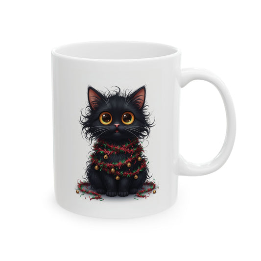 White mug with a black cat illustration wearing a festive sweater on a white background