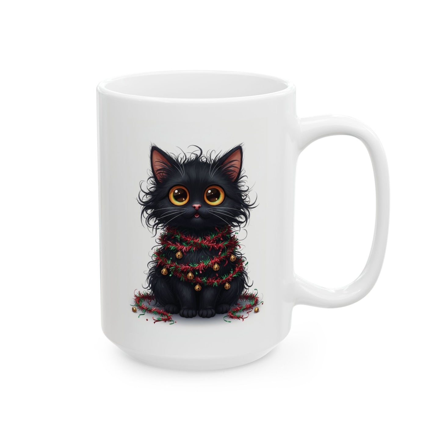 Christmas Cat Mug – Adorable Black Kitten Wrapped in Holiday Garland | Festive Coffee Mug for Cat Lovers