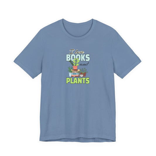 Blue t-shirt with 'I love books and plants' text and graphics on a white background