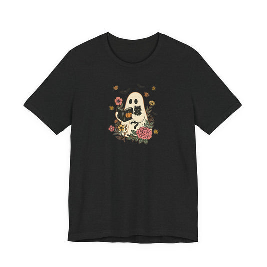 Cozy Ghost & Cat Reading Adult Tee – Cute Fall Halloween Unisex Shirt