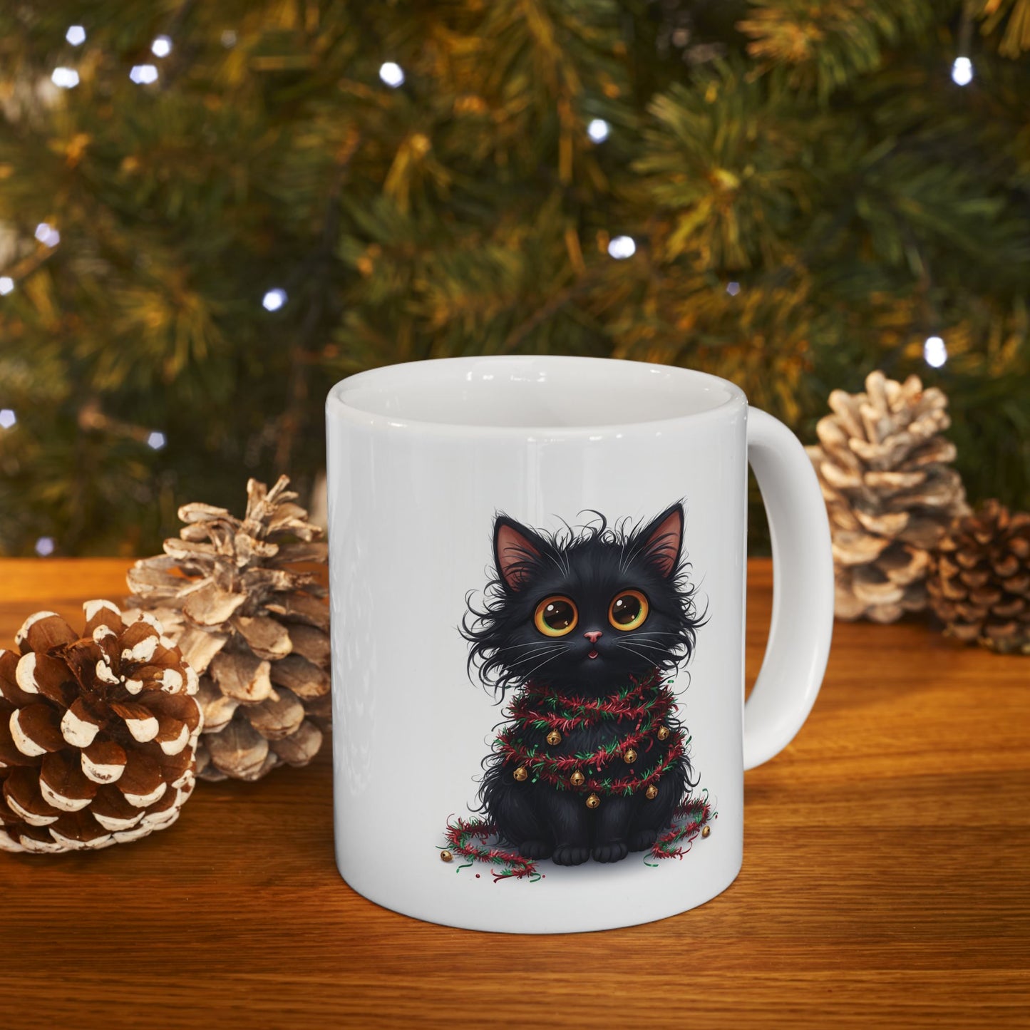 Christmas Cat Mug – Adorable Black Kitten Wrapped in Holiday Garland | Festive Coffee Mug for Cat Lovers
