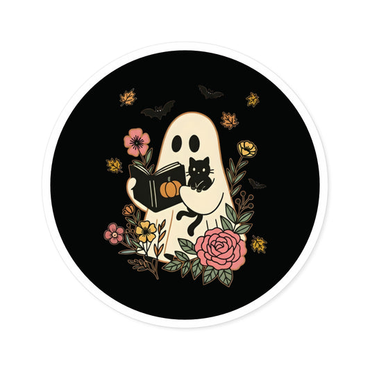 Whimsical Ghost & Cat Stickers, Halloween Decor, Cute Indoor/Outdoor Stickers, Spooky Gift, Holiday Party Decor, Floral Design
