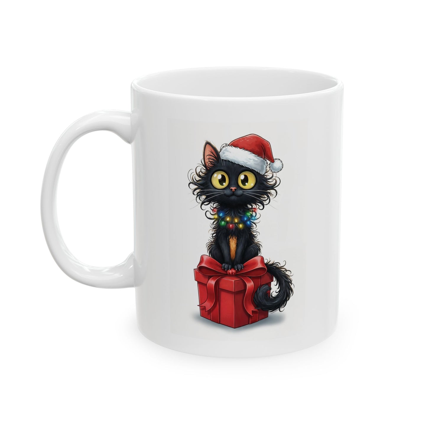 Christmas Cat Mug – Cute Black Kitten with Santa Hat and Gift Box | Holiday Coffee Mug for Cat Lovers