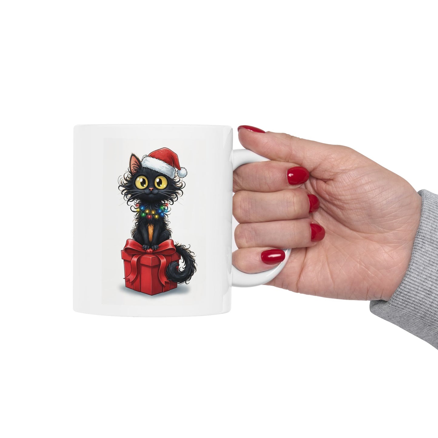 Christmas Cat Mug – Cute Black Kitten with Santa Hat and Gift Box | Holiday Coffee Mug for Cat Lovers