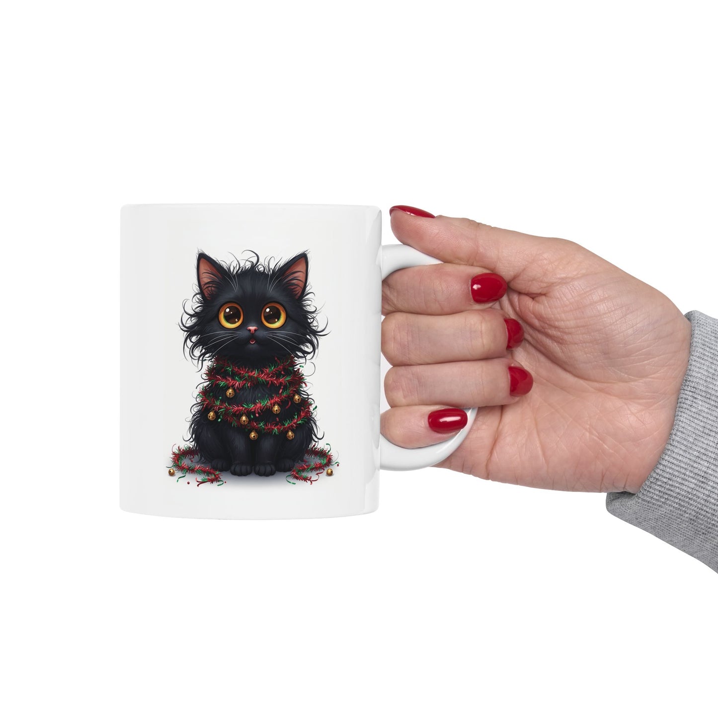 Christmas Cat Mug – Adorable Black Kitten Wrapped in Holiday Garland | Festive Coffee Mug for Cat Lovers