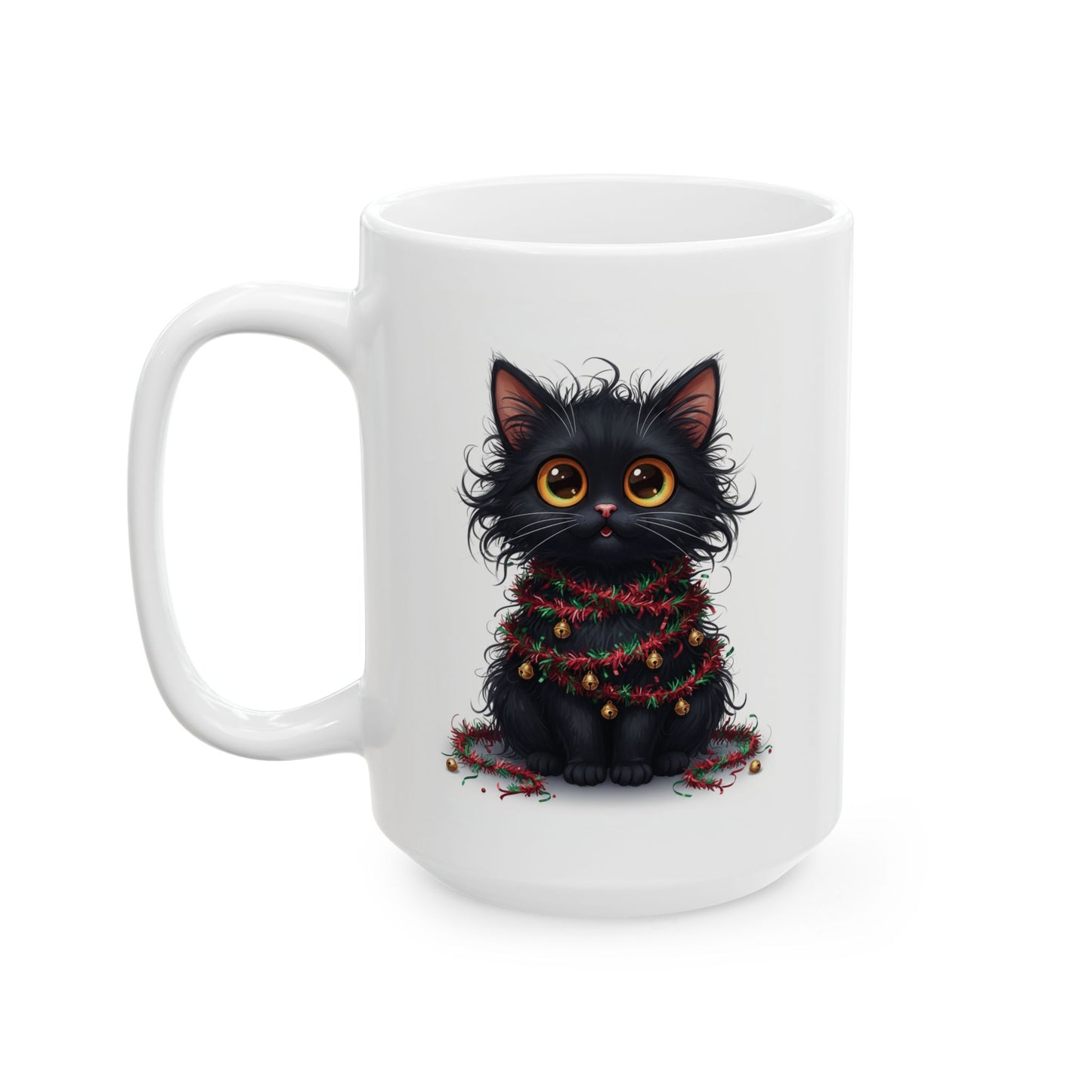 Christmas Cat Mug – Adorable Black Kitten Wrapped in Holiday Garland | Festive Coffee Mug for Cat Lovers