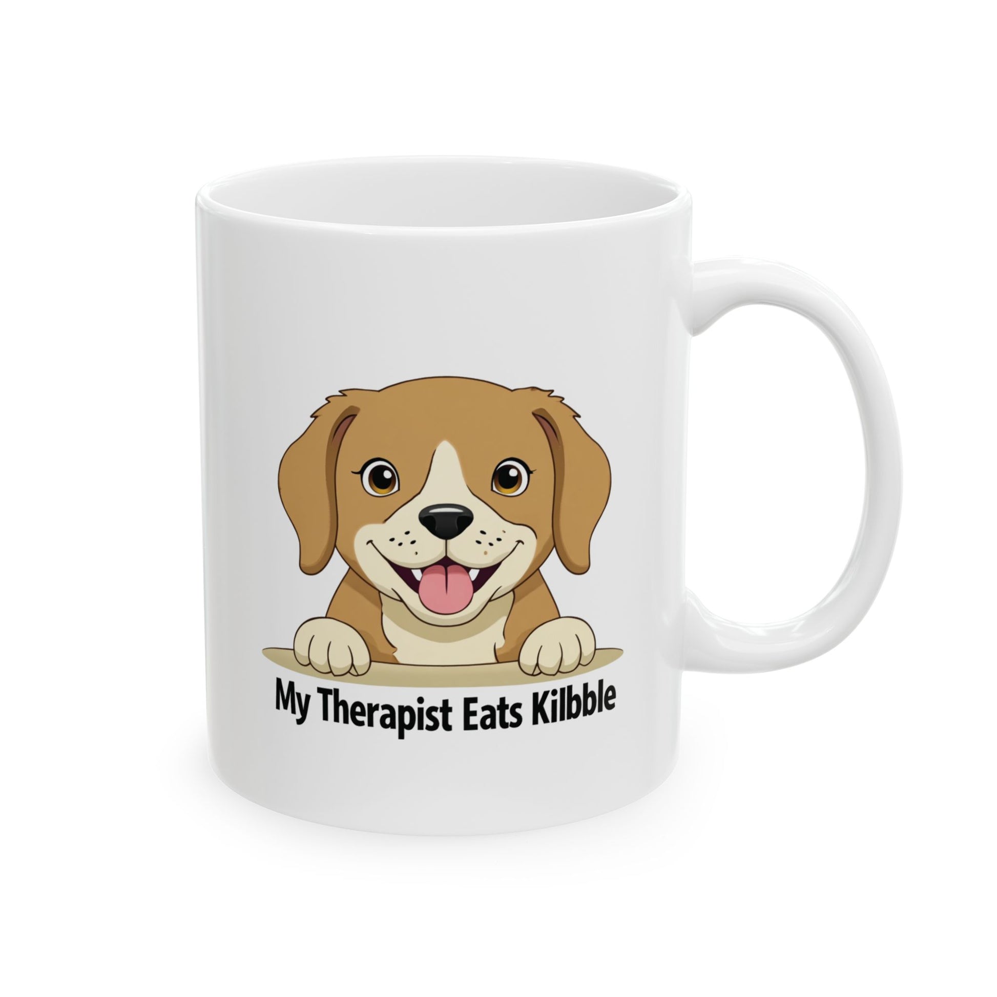 White mug with a cartoon dog and text 'My Therapist Eats Kilibble' on a white background