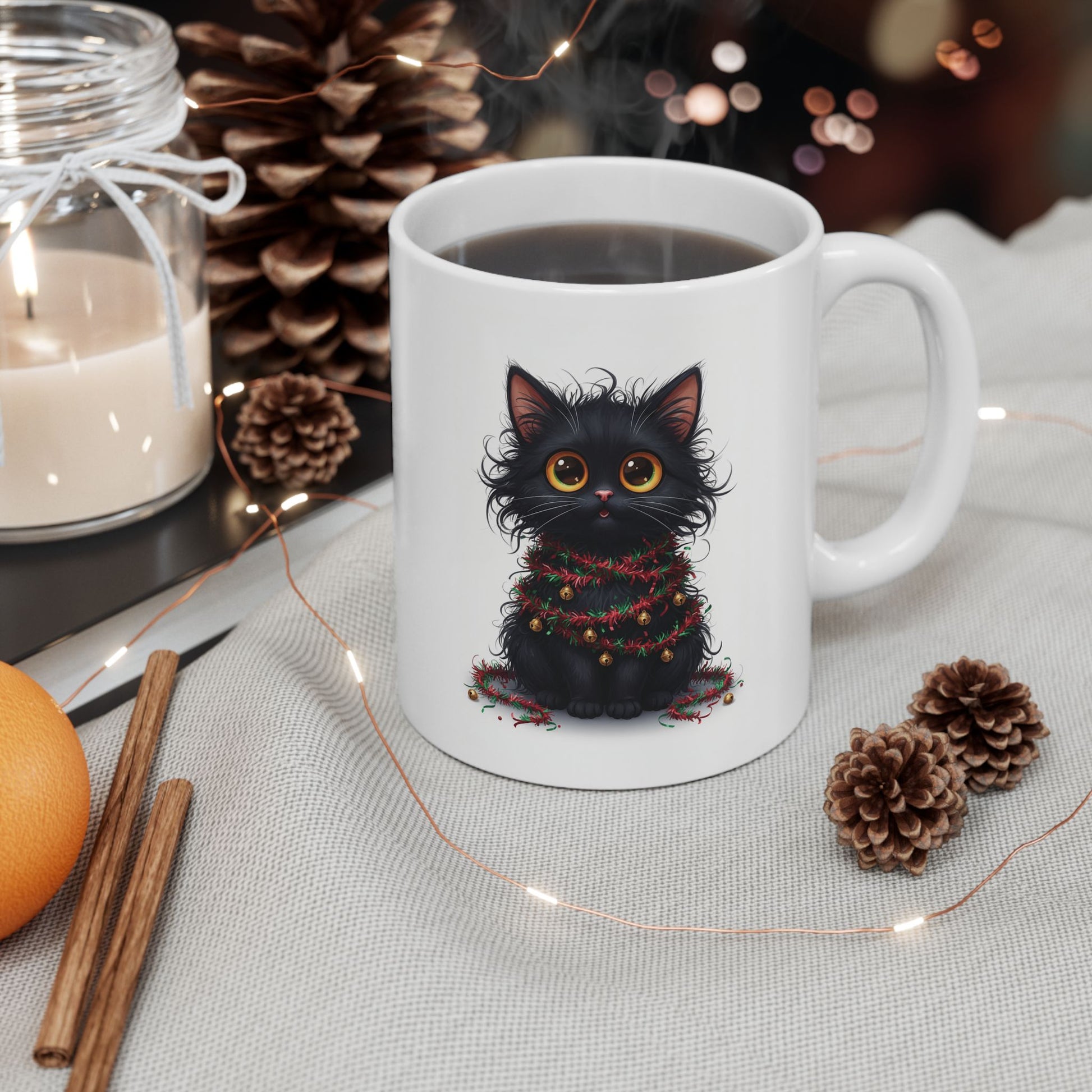 White mug with a black cat design on a table with decorative items