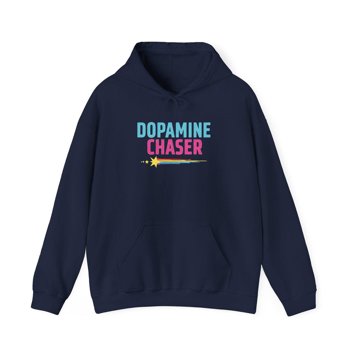 Navy blue hoodie with 'Dopamine Chaser' text on a white background