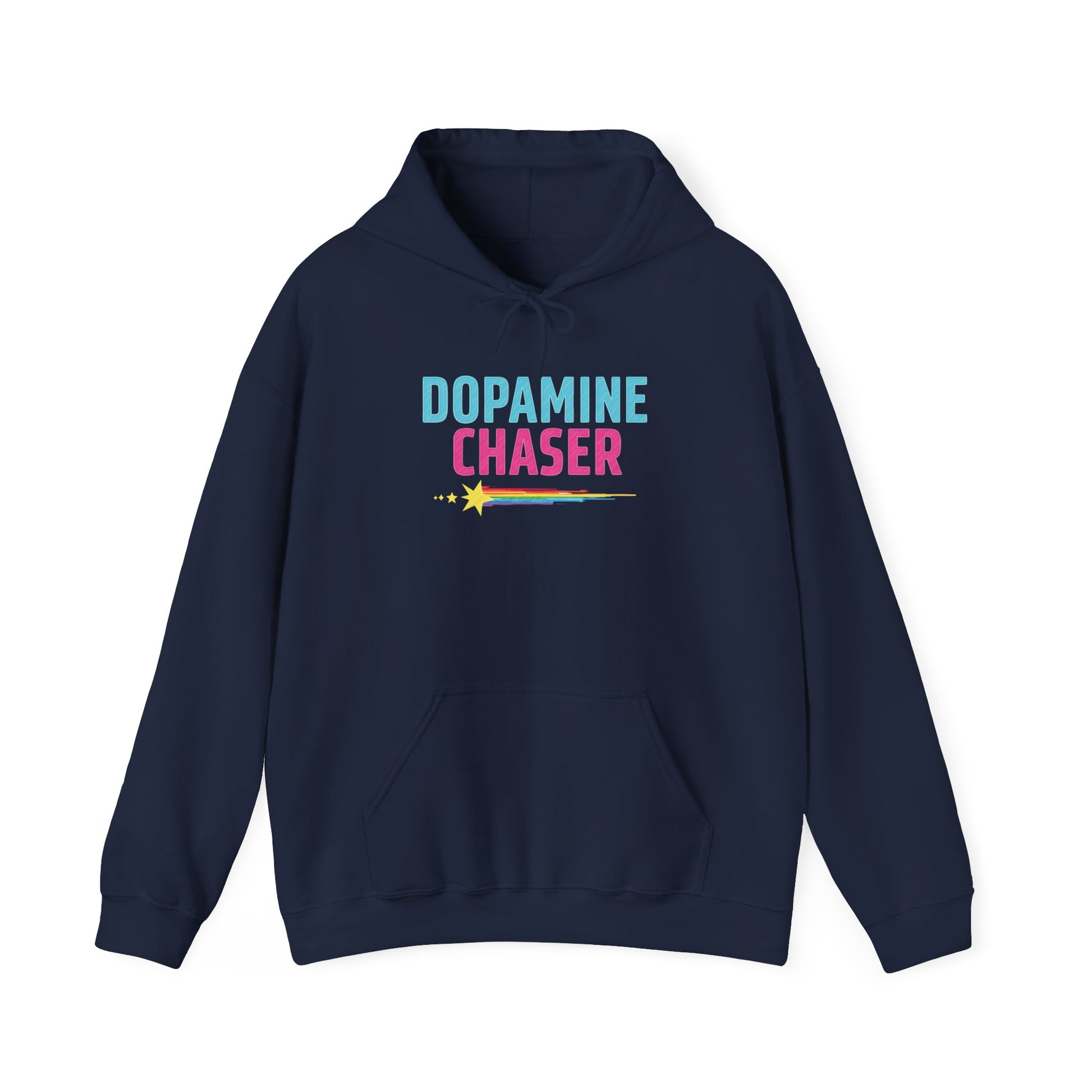 Navy blue hoodie with 'Dopamine Chaser' text on a white background