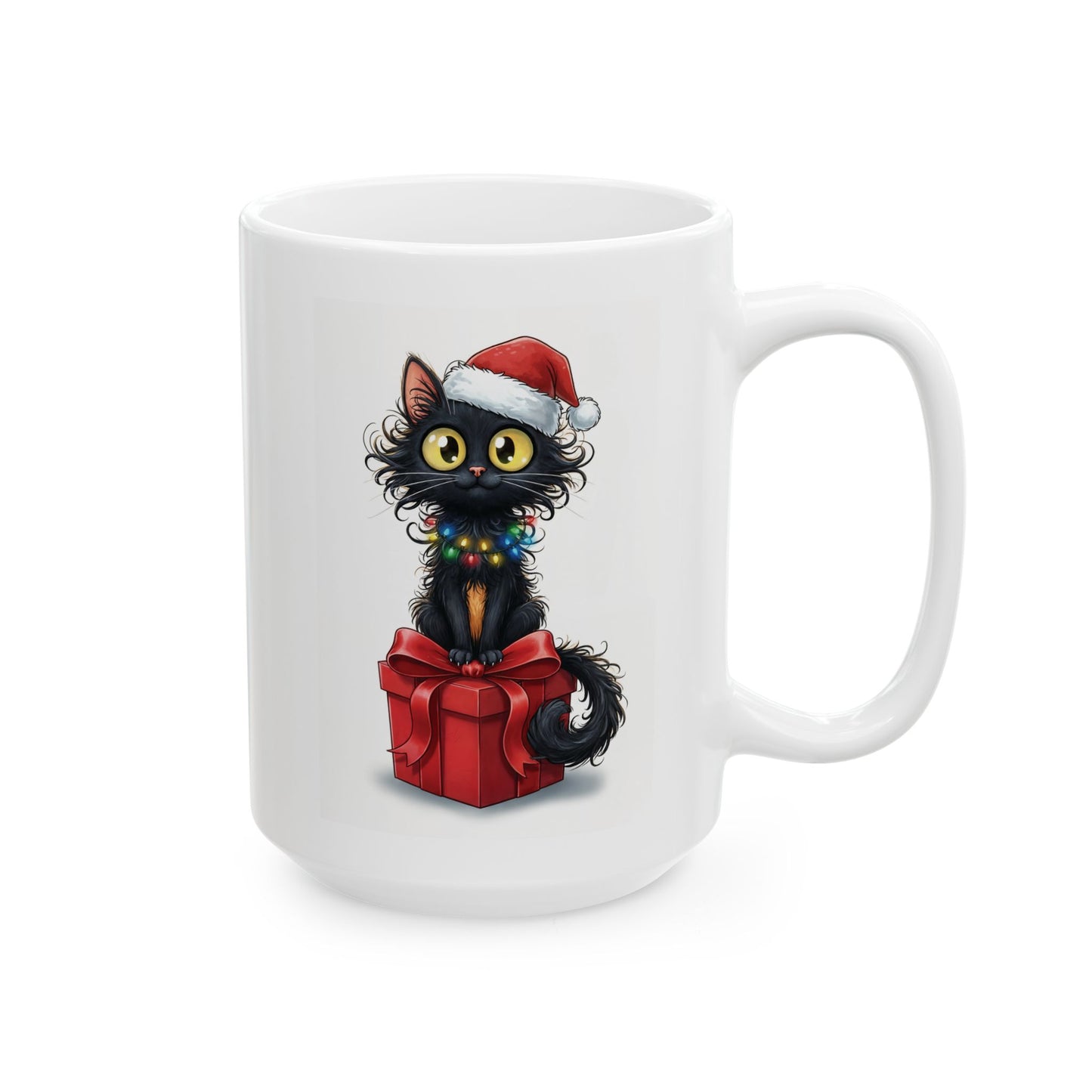 Christmas Cat Mug – Cute Black Kitten with Santa Hat and Gift Box | Holiday Coffee Mug for Cat Lovers