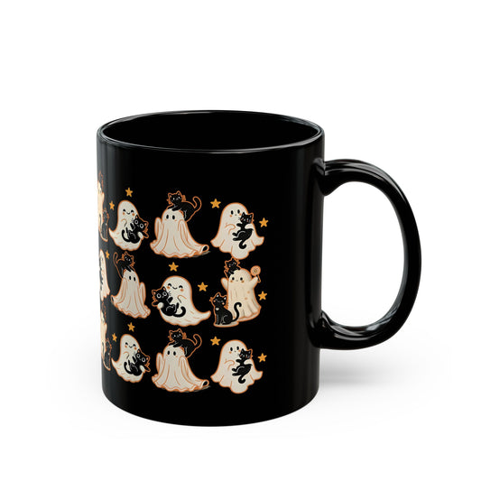 Playful Ghost & Cat Halloween Mug – Black Ceramic Coffee Cup (11oz / 15oz)