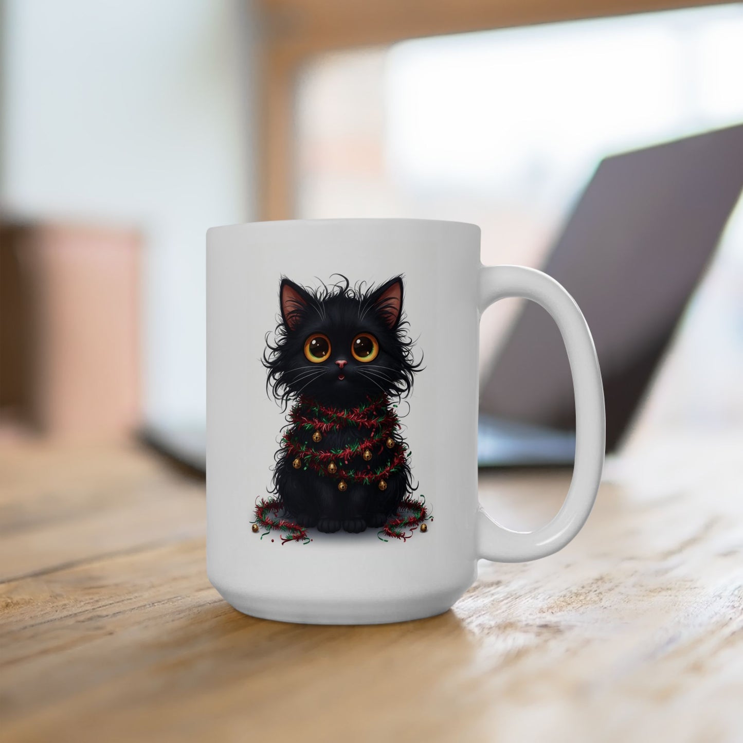 Christmas Cat Mug – Adorable Black Kitten Wrapped in Holiday Garland | Festive Coffee Mug for Cat Lovers