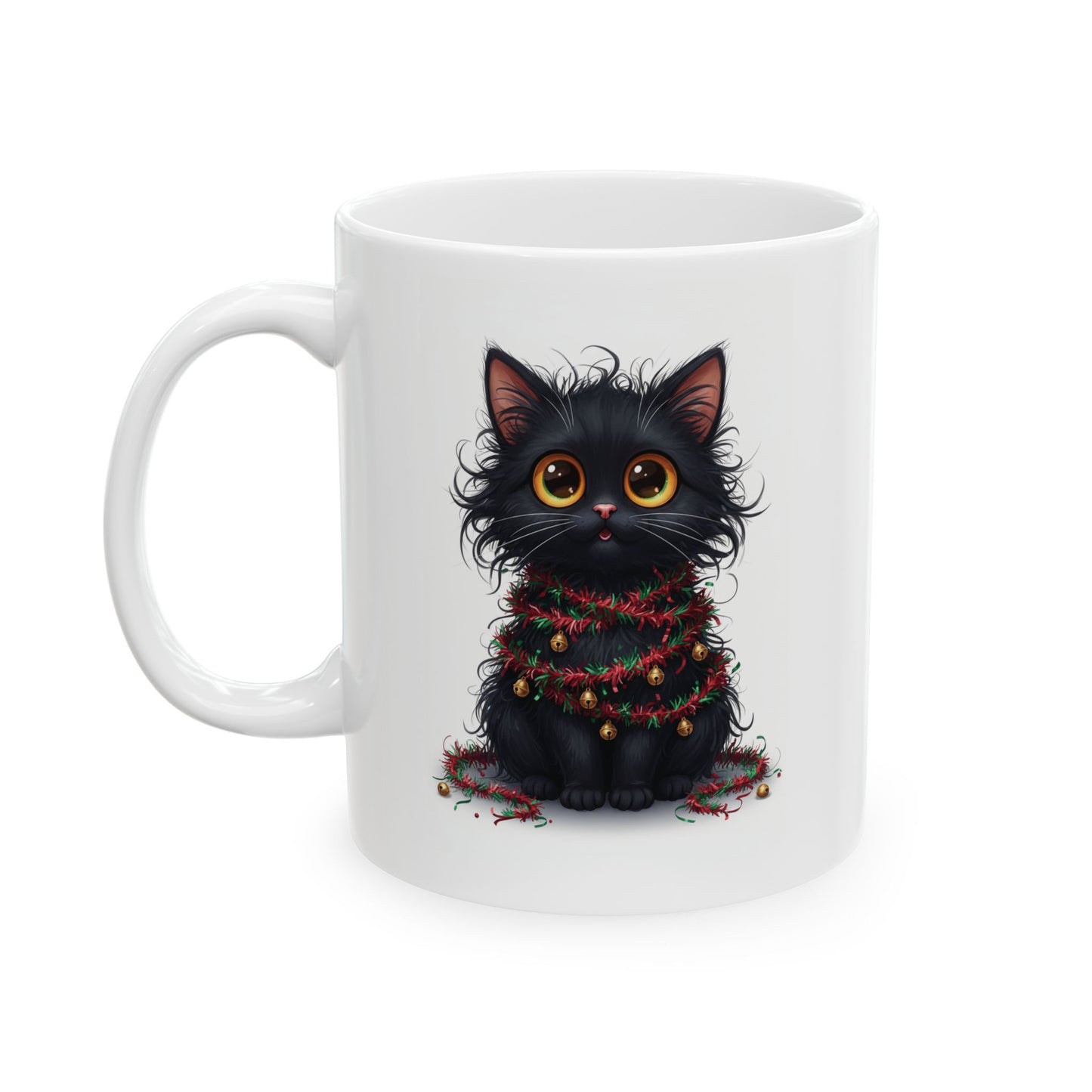 Christmas Cat Mug – Adorable Black Kitten Wrapped in Holiday Garland | Festive Coffee Mug for Cat Lovers