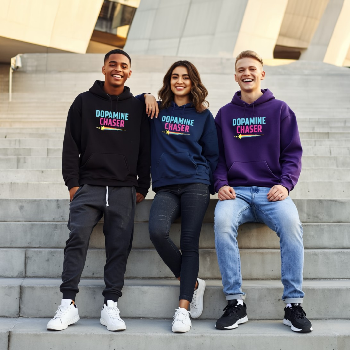 Three people wearing 'Dopamine Chaser' hoodies sitting on steps.