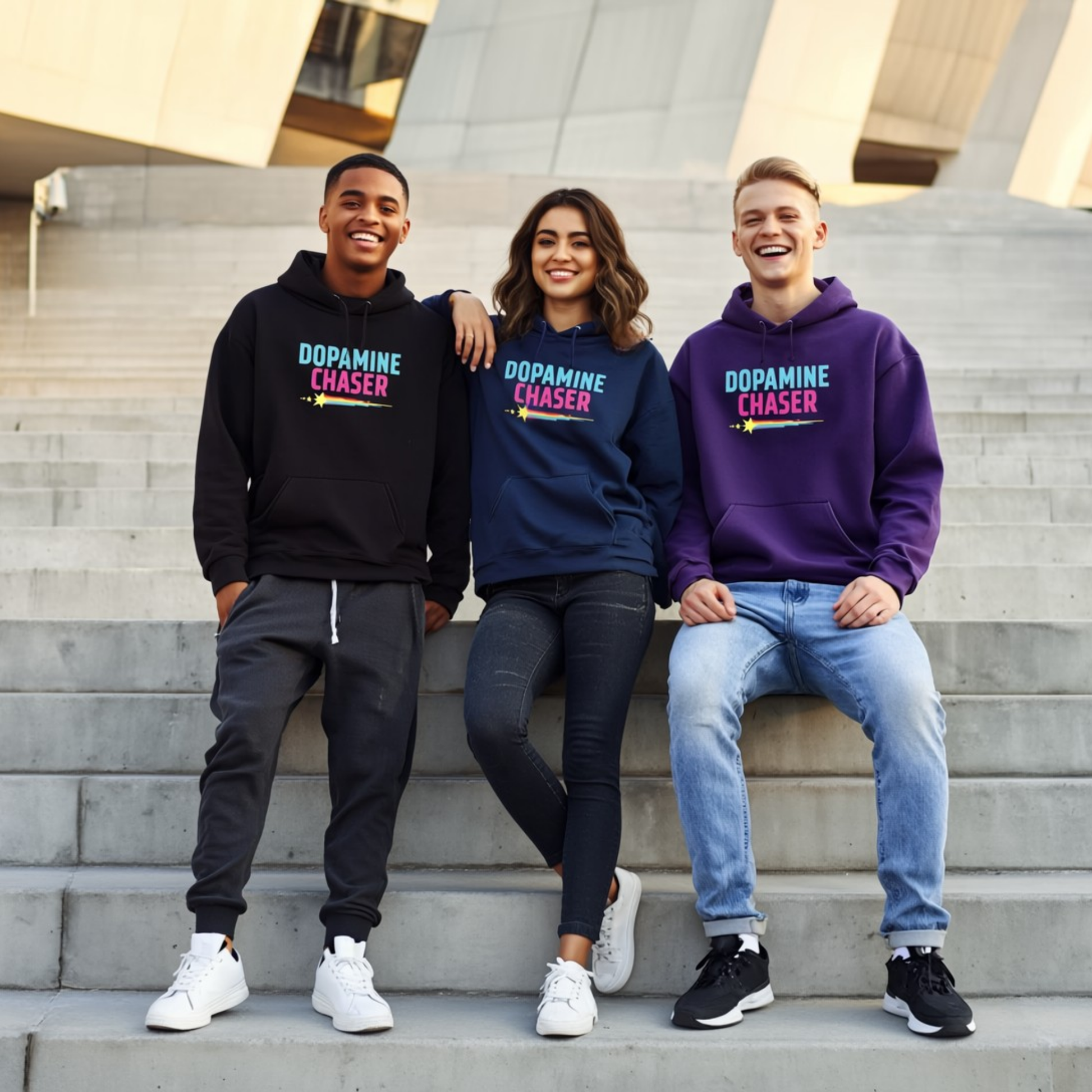 Three people wearing 'Dopamine Chaser' hoodies sitting on steps.