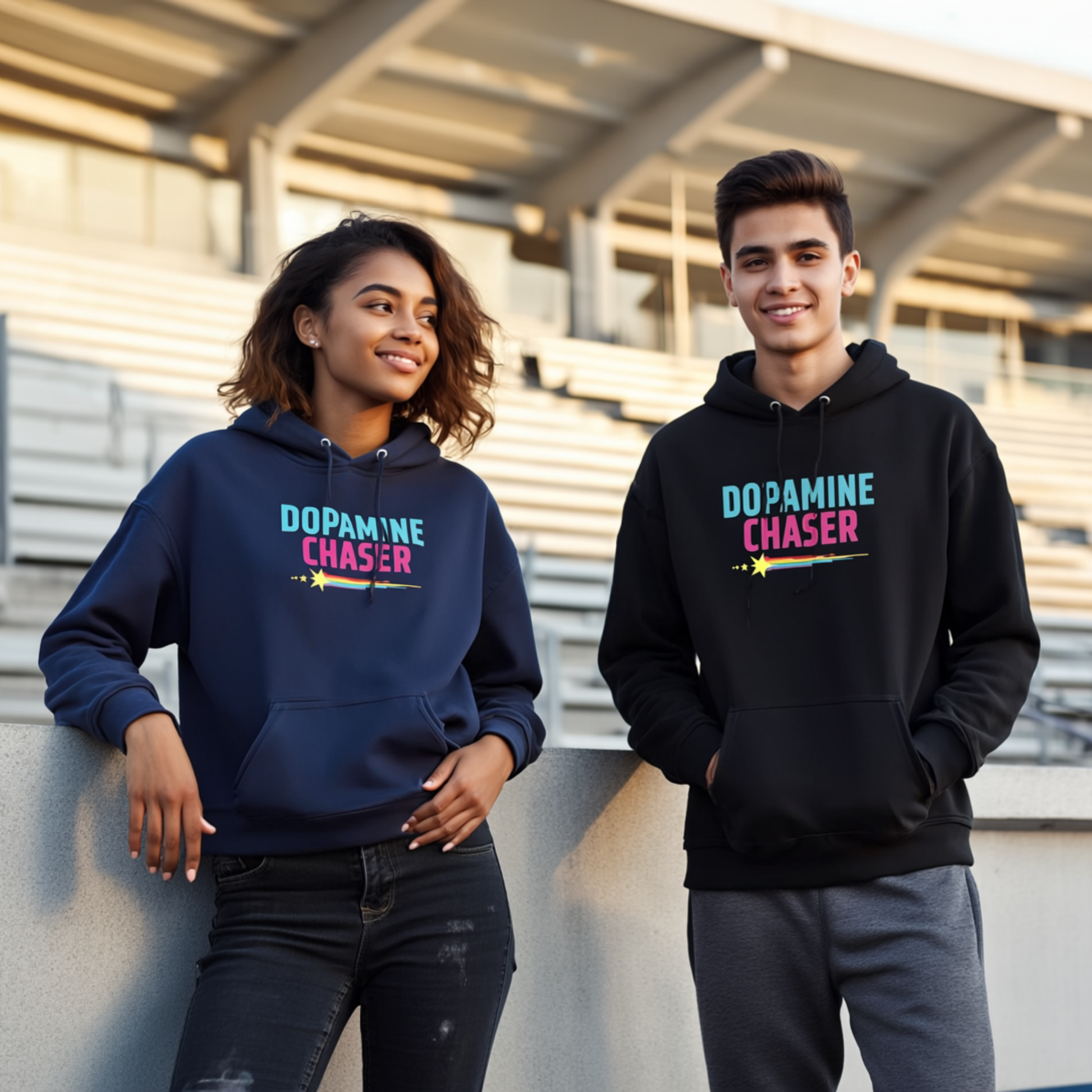 Two people wearing hoodies with 'Dopamine Chaser' text outdoors.
