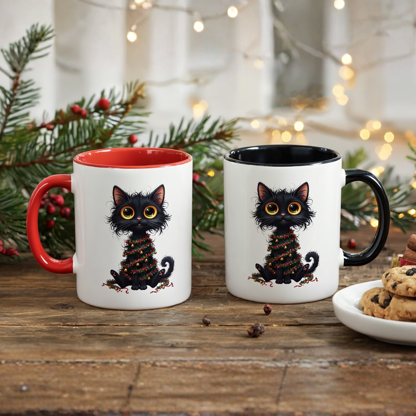 Black Cat Christmas Mug – Funny Holiday Coffee Cup with Festive Lights - Perfect Gift for Cat Lovers