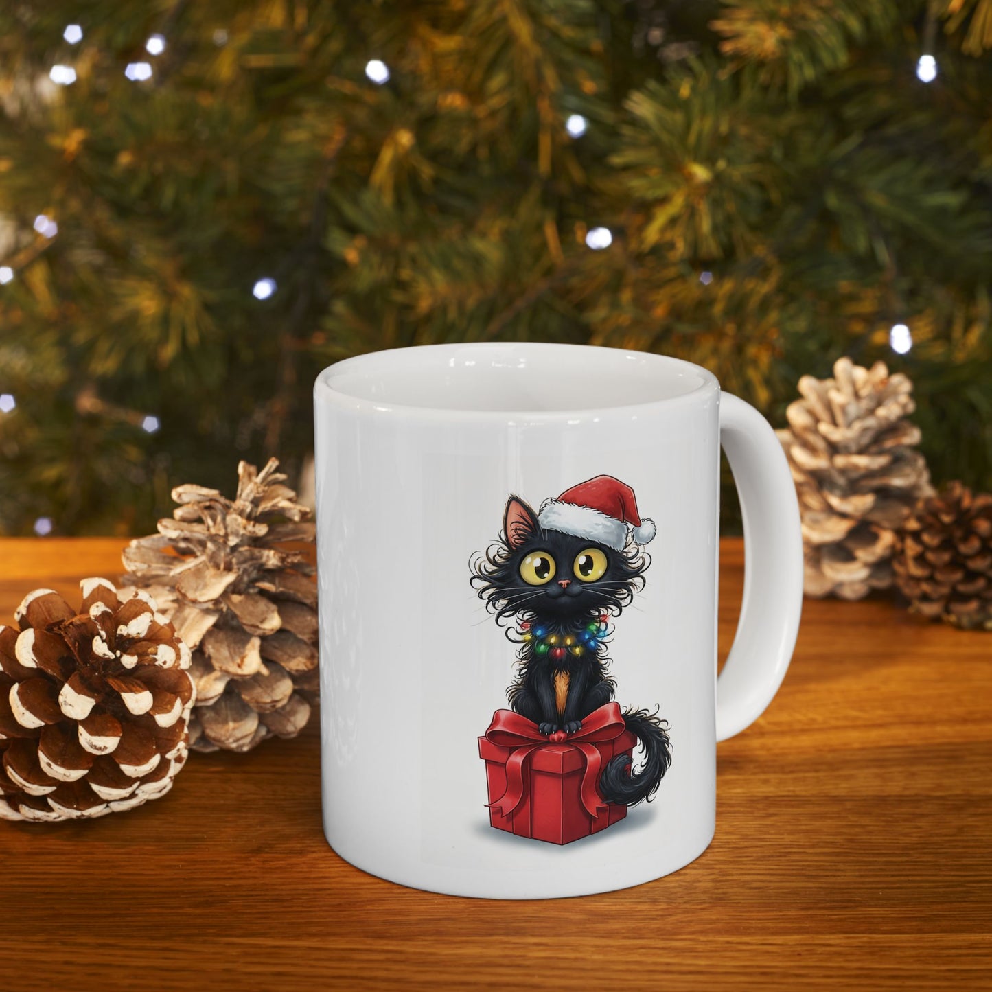 Christmas Cat Mug – Cute Black Kitten with Santa Hat and Gift Box | Holiday Coffee Mug for Cat Lovers