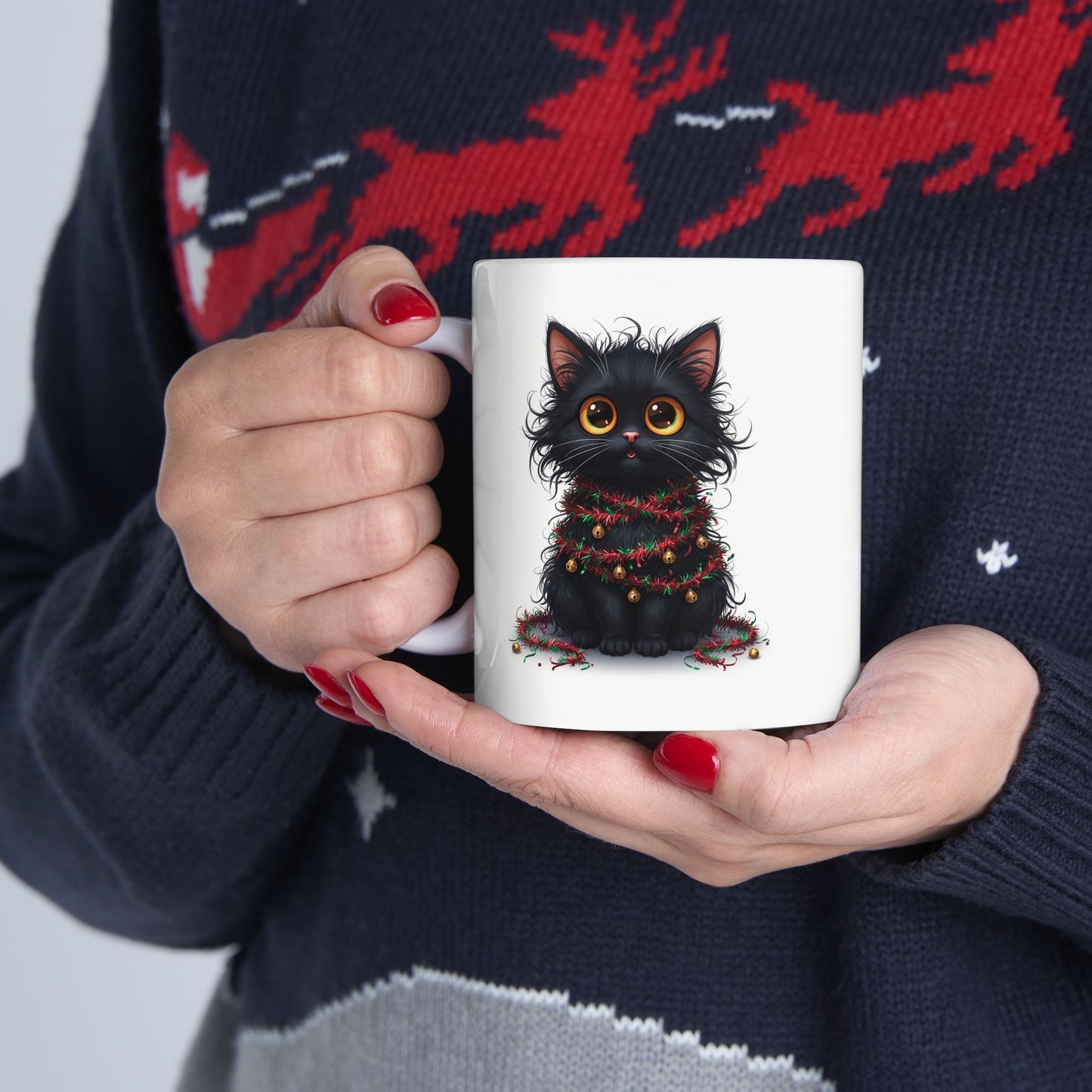 Christmas Cat Mug – Adorable Black Kitten Wrapped in Holiday Garland | Festive Coffee Mug for Cat Lovers