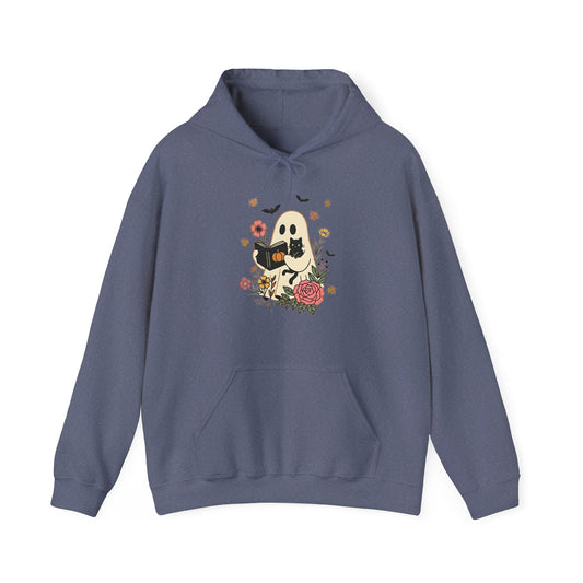 Cute Ghost & Cat Hoodie with Floral Design | Cozy Fall Halloween Adult Teen Sweatshirt for Pet Lovers
