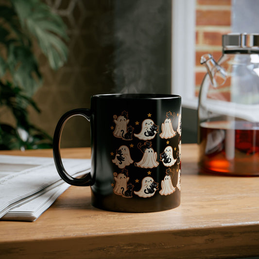 Playful Ghost & Cat Halloween Mug – Black Ceramic Coffee Cup (11oz / 15oz)