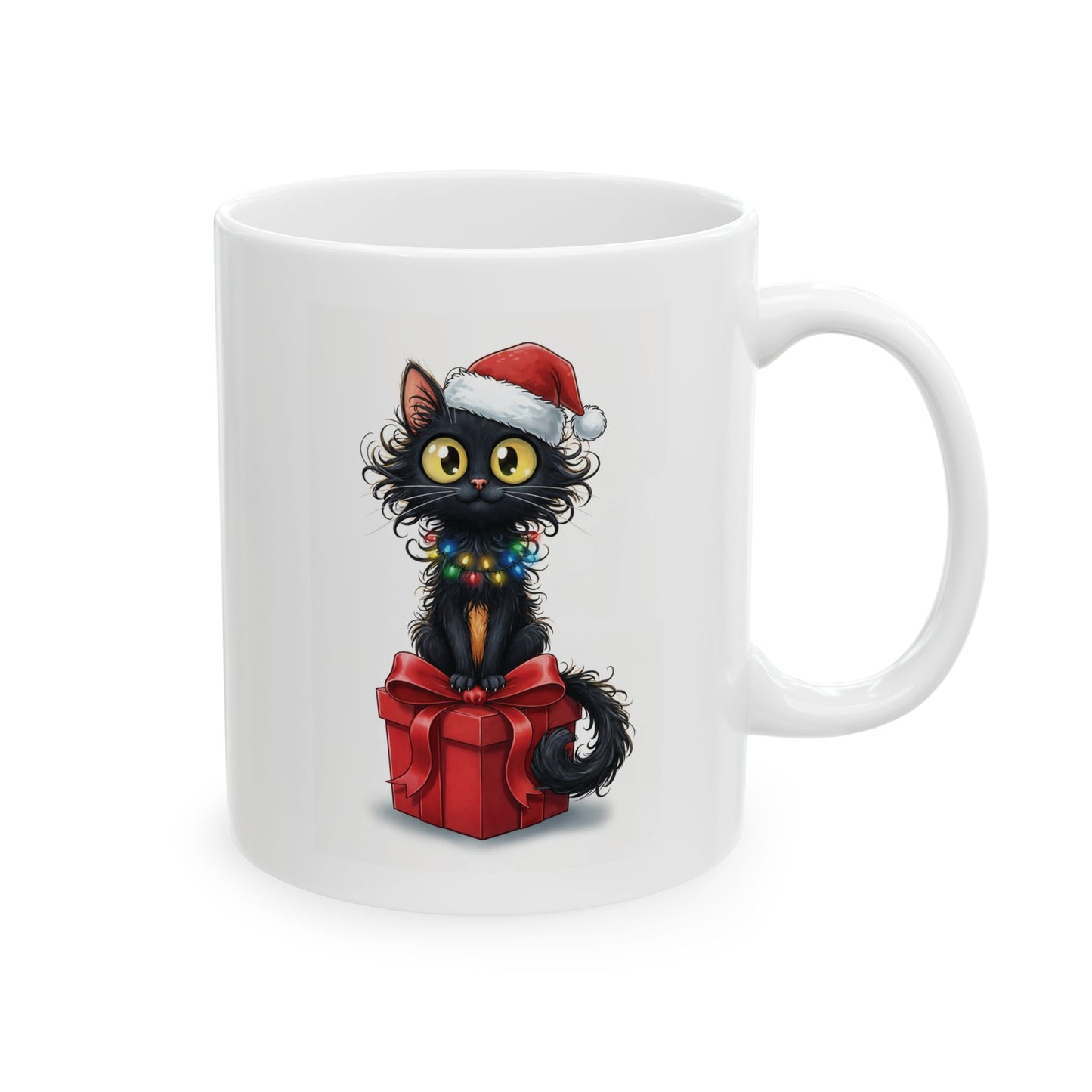 Christmas Cat Mug – Cute Black Kitten with Santa Hat and Gift Box | Holiday Coffee Mug for Cat Lovers