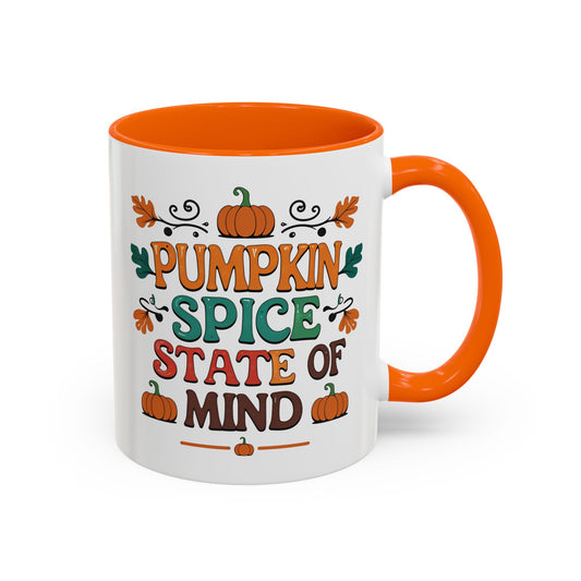 Mug with 'Pumpkin Spice State of Mind' text and pumpkins on a white background