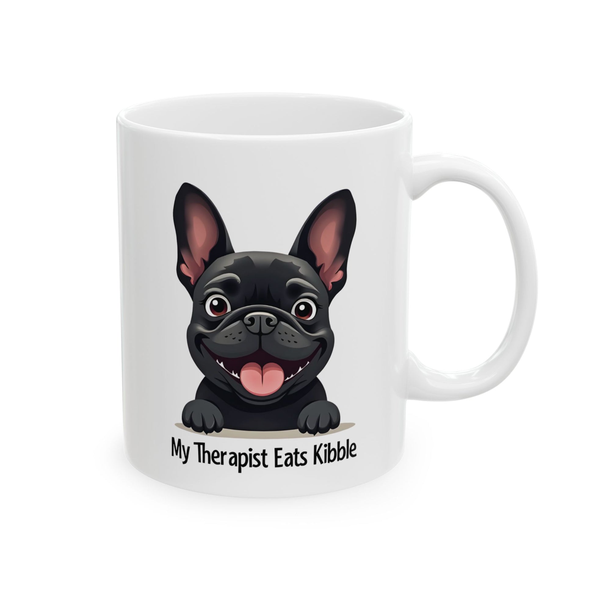 White mug with a black dog illustration and text 'My Therapist Eats Kibble' on a white background