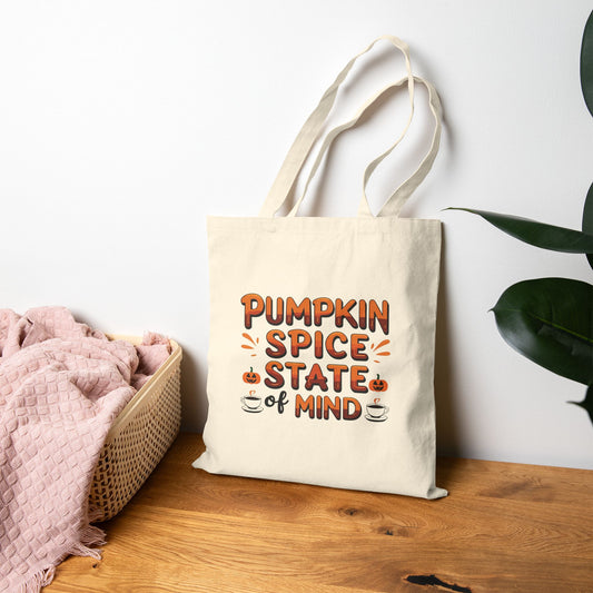 Pumpkin Spice State Of Mind Cotton Canvas Tote Bag, Fall Shopping Bag, Autumn Shoulder Bag, Thanksgiving Carryall, Halloween Grocery Tote