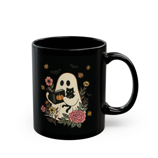 Charming Floral Ghost Mug | Whimsical Gift for Spooky Season, Cat Lovers, Halloween Decor, Coffee Cup, 11oz 15oz