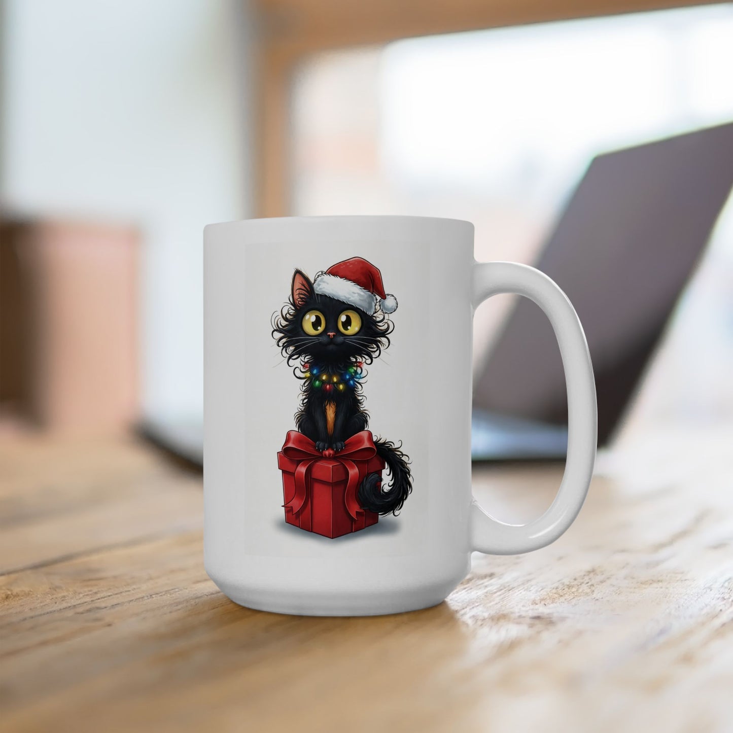 Christmas Cat Mug – Cute Black Kitten with Santa Hat and Gift Box | Holiday Coffee Mug for Cat Lovers