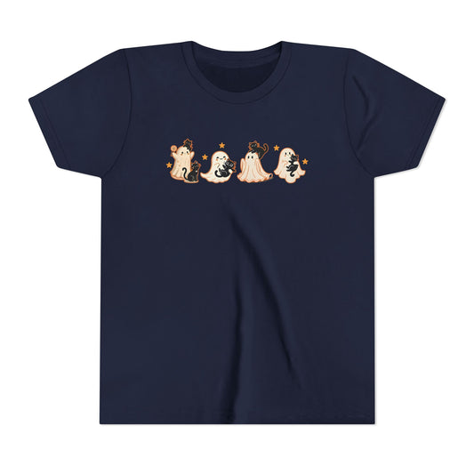 Youth Ghostly Friends Tee, Fun Halloween T-Shirt, Kids Short Sleeve Shirt, Spooky Kids Apparel, Cute Ghost Print Clothing