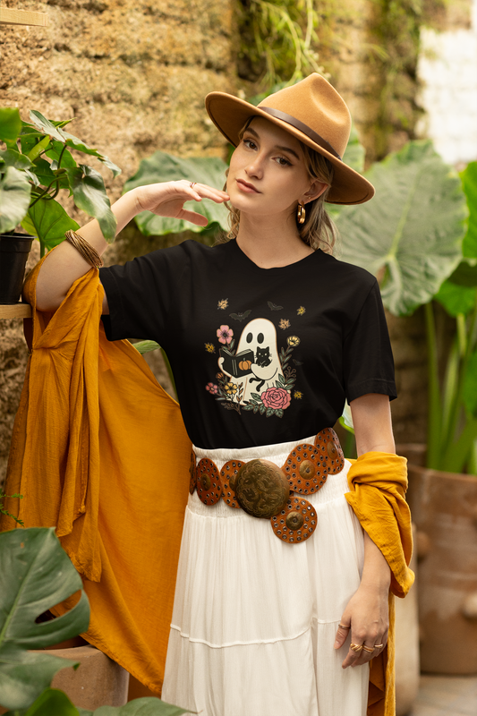 Cozy Ghost & Cat Reading Adult Tee – Cute Fall Halloween Unisex Shirt